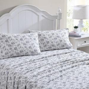 Laura Ashley - Flannel Sheets Twin Size, Anti-Pilling & Wrinkle Resistant Cotton, Touchably Soft for All-Season Comfort - Bed Sheets with Matching Pillowcase & Fitted Sheet (Faye Toile Black)