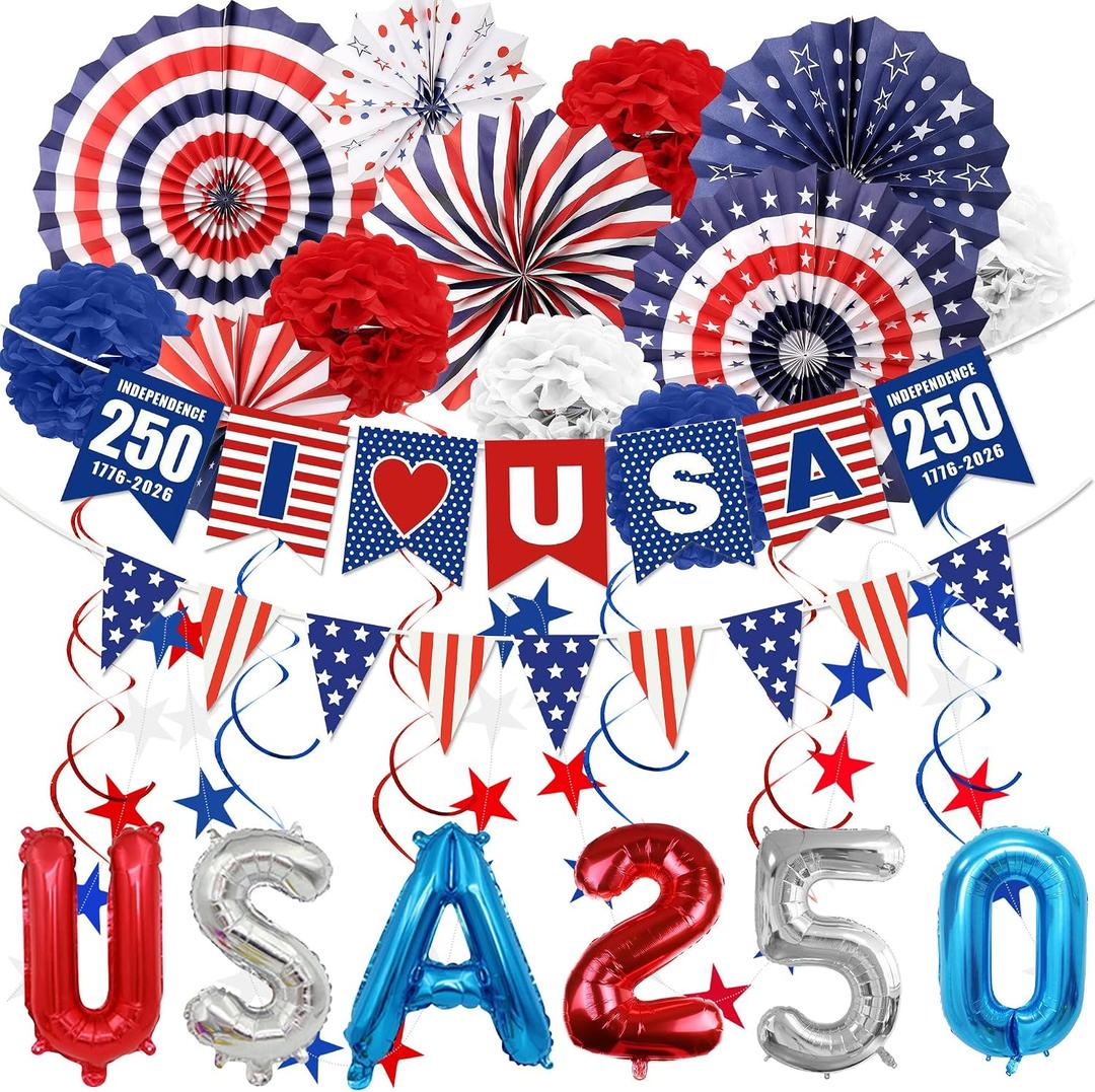 32PCS 4th of July Patriotic Decorations Set,250th Red White Blue Paper Fans Decorations Labor Memorial Day Decor for Indoor Outdoor Outside