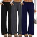 Neer 3 Pack Women's Lounge Pants Wide Leg Yoga Built in Drawstring High Waisted Casual Comfy Baggy Sweatpants with Pockets (Black, L)