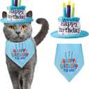 Cat Happy Birthday Cake Hat & Bandana Scarfs Set with Colorful Candles Blue, Cat Birthday Party Supplies Decorations (Small)