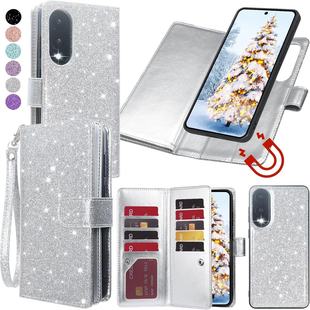 Varikke for Galaxy S25 Edge Wallet Case Detachable with RFID Blocking Card Holder for Women, Glitter Leather Strap Magnetic Flip Removable Phone Case for Samsung Galaxy S25 Edge 6.7", Silver