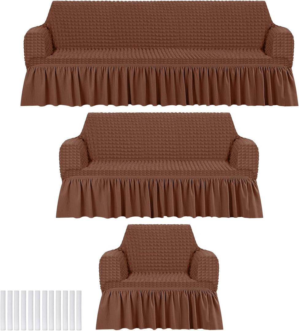 Fanfanwin 3 Pcs Sofa Slipcover Set for Couch Cushion Durable Washable High Elastic Stretchable Furniture Couch Covers with Skirt for Sofa Loveseat Arm Chair(Brown,Seersucker)