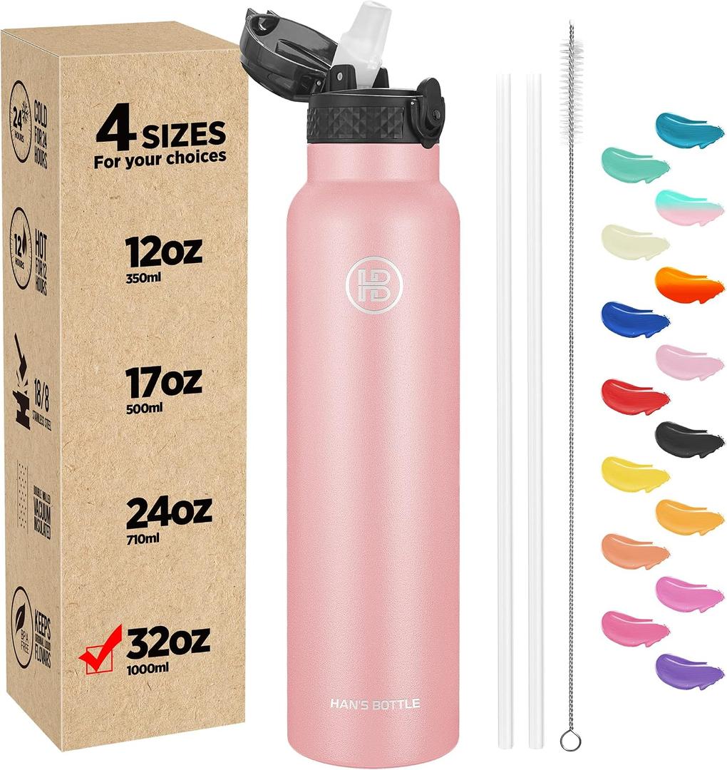 Han's Bottle Sports Water Bottle - 32 Oz, Straw Lid, Leak Proof, Vacuum Insulated Stainless Steel, Double Walled, Thermo Mug,Blush