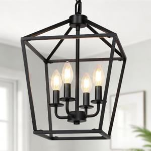 4 Light Chandelier, Industrial Ceiling Light Black Lantern Light Fixtures with Farmhouse Metal Cage Adjustable Height Rustic Geometric Hanging Light E12 Base for Kitchen Island, Entryway, Indoor