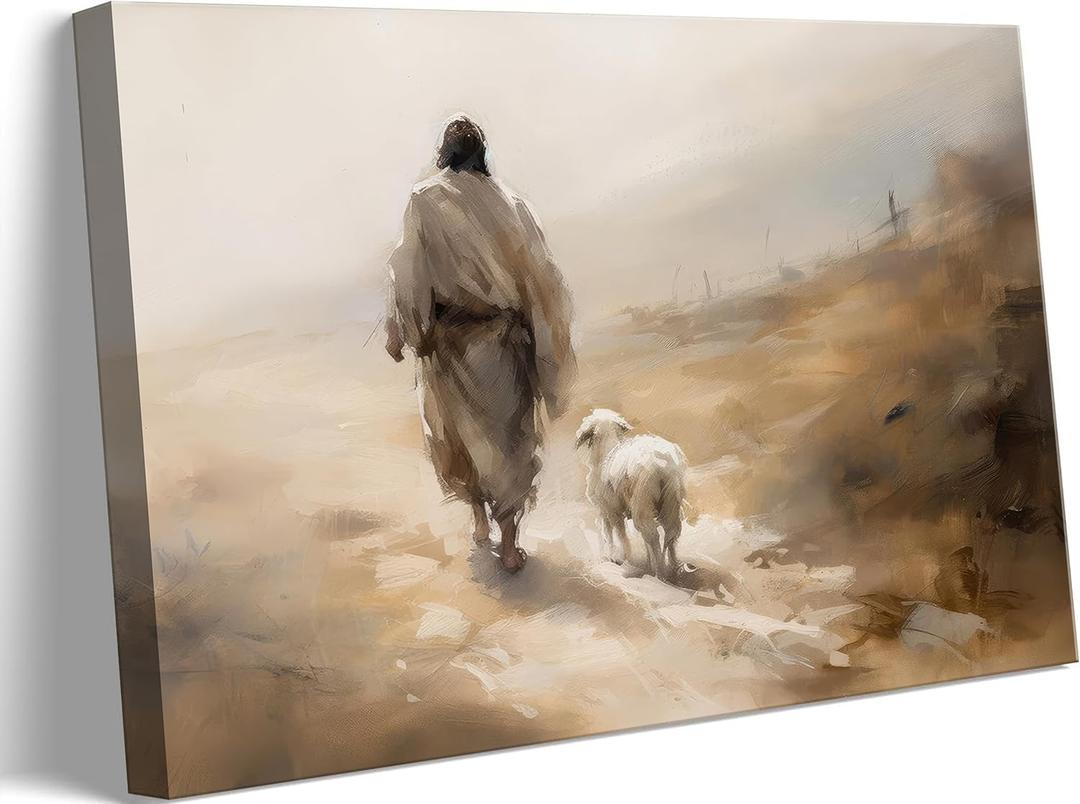 Danseed Jesus Leaves the 99 Sheep Canvas Wall Art Jesus And Lamb Wall Decor Painting Christian Parable Of The Lost Sheep Posters Prints for Bedroom Church Prayer Room Decoration Ready to Hang (16"L x 12"W)
