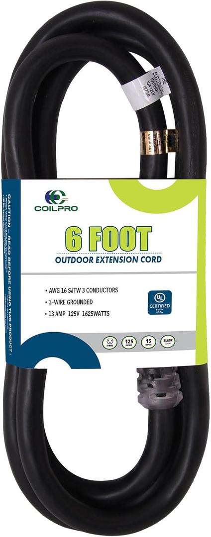 6FT Outdoor Lightweight Extension Cord-16/3 SJTW Durable Extension Cable with 3 Prong Suitable for Gardens