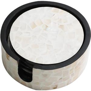 I-lan 6 Pack Mother of Pearl Coasters with Holder, 4.3 x 4.3 x 0.25 Inch Shiny Cream Seashell Inlay Round Cup Holder, Decorative Coasters Capiz Shell Trivet for Coffee Table, Beige and White 