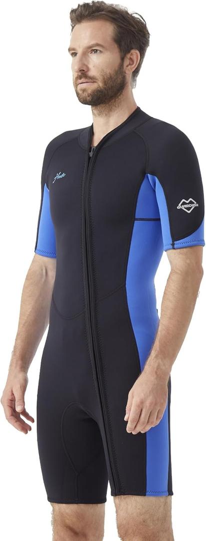 Hevto Men Wetsuit Shorty 2mm Neoprene Short Wet Suit for Surfing Diving Swimming Snorkeling Paddle Boarding (Small, M1S-Front Zip-Blue)