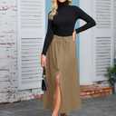MAKABO Women's Maxi A Line Skirt with Slit, Fall Khaki Ankle Length Skirt Length Tie Outfits for Date Night Vacation, S