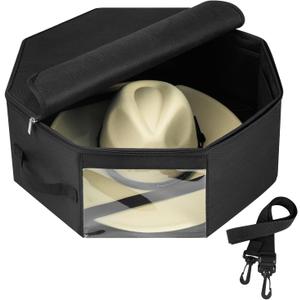 Hat Box for Travel & Home Closet Storage, Side Reinforced Octagonal Case, Crush-proof, Dust-proof for Cowboy, Panama & Fedora Hats, Black