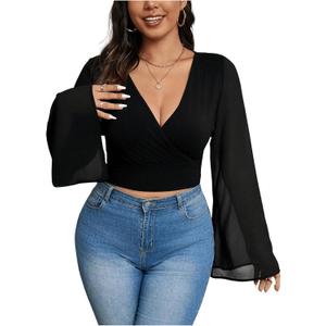 MakeMeChic Women's Plus Size Crop Top Bell Sleeve Top V Neck Wrap Blouse Party Going Out Tops (Black, XXXL)