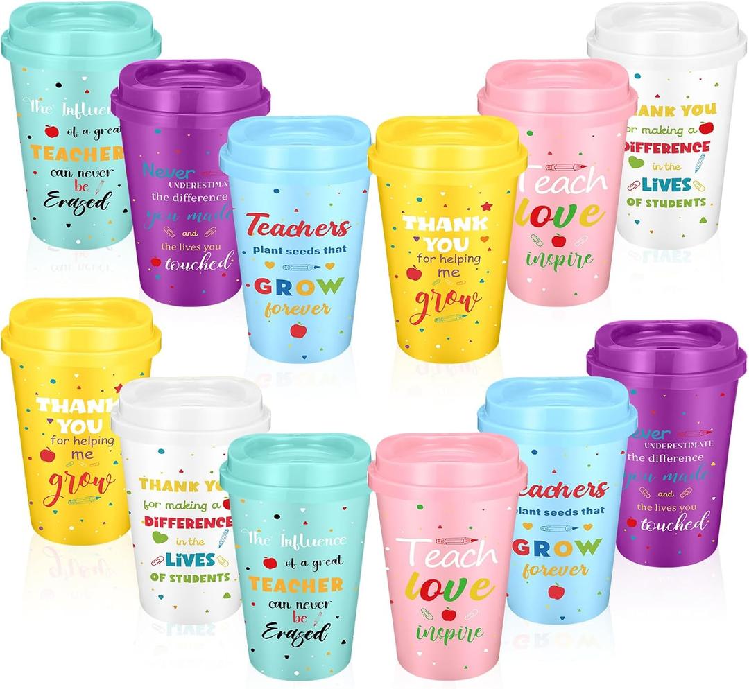 12 Pack Teacher Appreciation Gifts in Bulk, 12oz Teacher Cups with Lids Reusable Plastic Coffee Cups Tumblers Inspirational Thank You Gifts for Women, Men, Coworker, Staff, Graduation