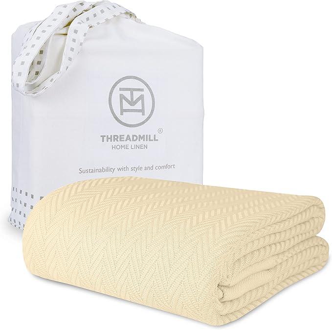Threadmill Luxury Cotton Blankets for Queen Size Bed | All-Season 100% Cotton Queen Size Blanket | Herringbone Cozy, Soft Breathable Fall Thermal Blanket fits Full Size Bed | Vanilla Cream, 