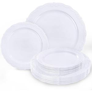 Tinybee 60PCS White Plastic Plates - Heavy Duty White Disposable Plates, Elegant Plastic Plates for Bridal Shower, Wedding and Party Including 30 Dinner Plates 10 '' & 30 Dessert Plates 7.5"