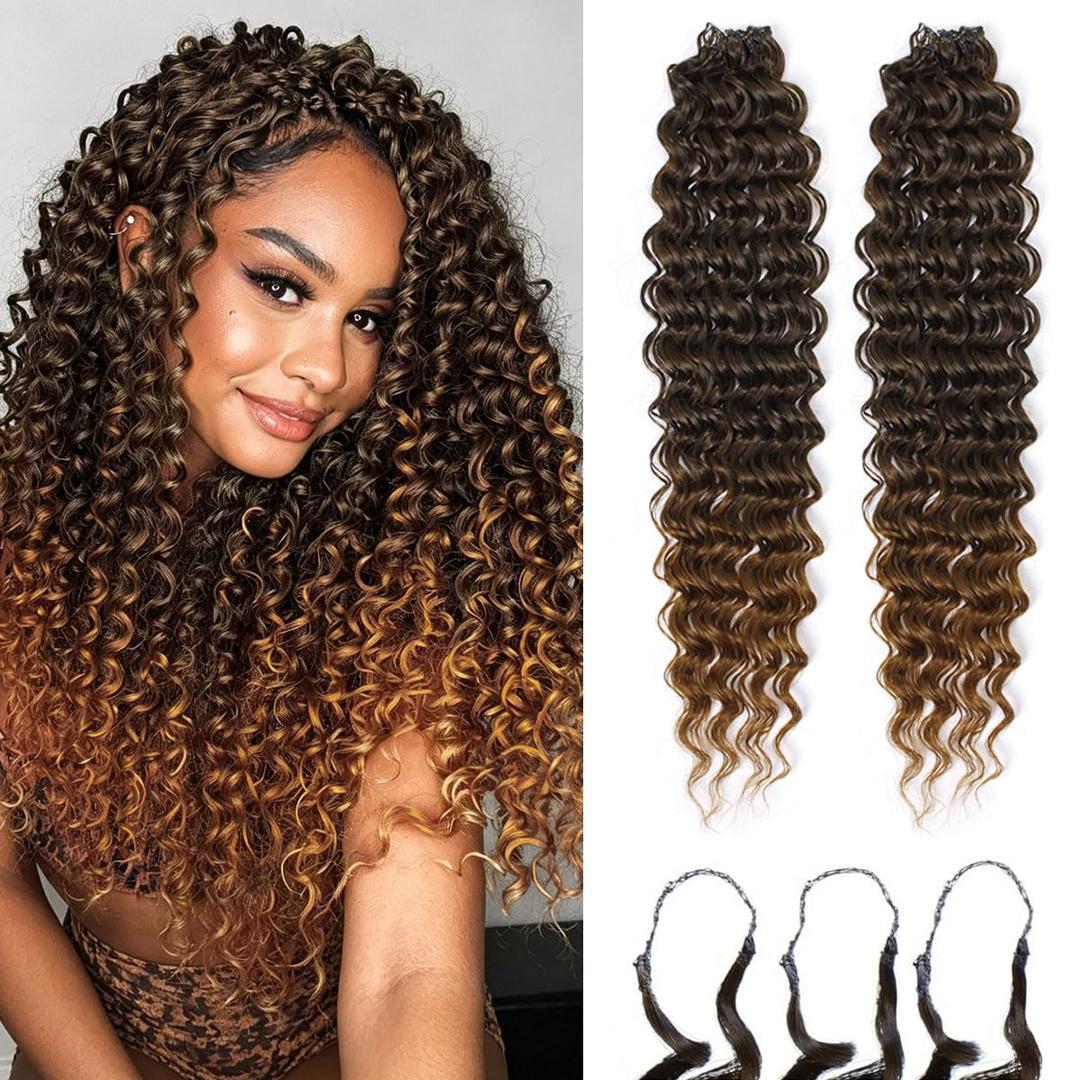 Feather Crochet Hair Extensions for Women 18 Inch 100 Strands Micro Knots Hair Pre-Separated Invisible Human Hair Blend Synthetic Curly Deep Wave Crochet Hair(100strands Black to Blonde)