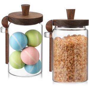 Suclain 2 Set 26 oz Glass Bath Salts Jar with Wooden Lids and Scoop Bath Salt Container Food Airtight Storage Containers for Sugar Coffee Bean Candy Spice