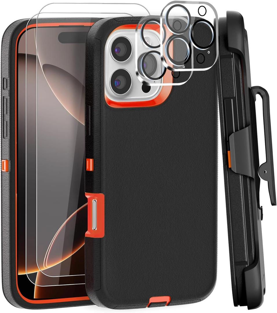 Case for iPhone 16 Pro Case 6.3" Belt-Clip Kickstand Holster with 2 Screen Protector + 2 Camera Lens Protector,Full Body Heavy Duty Military Grade Drop Protection Cover (Black Orange+Clip)