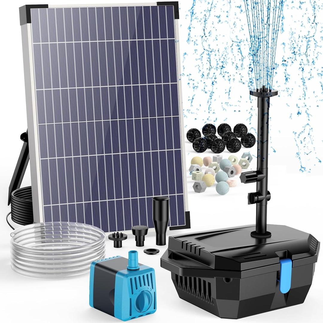 Antfraer Solar Pond Filter with Water Pump, 10W Solar Pond Pump with 6.6FT PVC Tubing/16.5FT Cord, Pond Filter Box for Outdoor Small Pond Waterfall Garden Bird Bath Water Clear