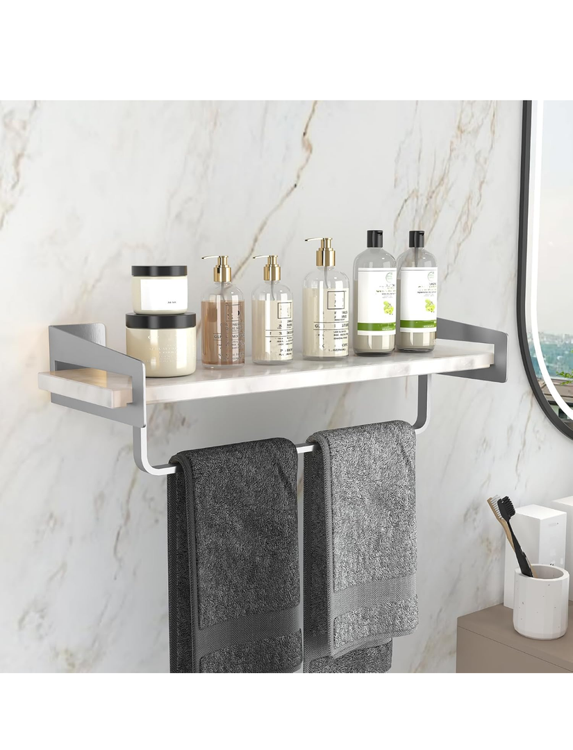 Marble Bathroom Wall Shelf with Towel Bar,16" Marble Slab and Metal Bracket,Floating Shelf for Bedroom,Kitchen, Living Room(Silver)