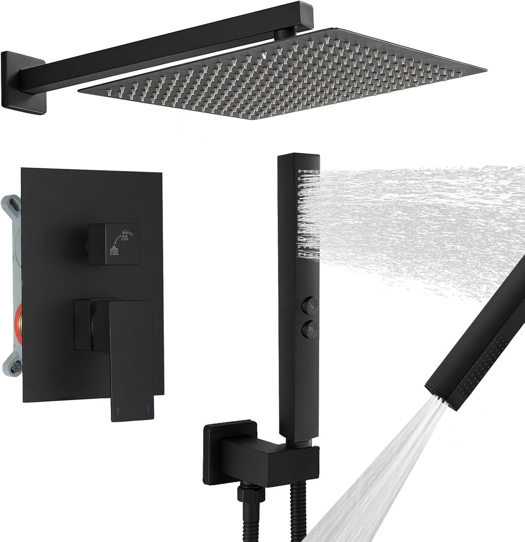RUMOSE Matte Black Rainfall Shower System Fixture 12 Inch High Pressure Square Shower Head with 2 in 1 Handheld Spray Wall Mount Brass Bathroom Shower Faucet Set with cUPC Certified Rough-in Valve RUMOSE Matte Black Rainfall Shower System Fixture 12 Inch High Pressure Square Shower Head with 2 in 1 Handheld Spray Wall Mount Brass Bathroom Shower Faucet Set with cUPC Certified Rough-in Valve
