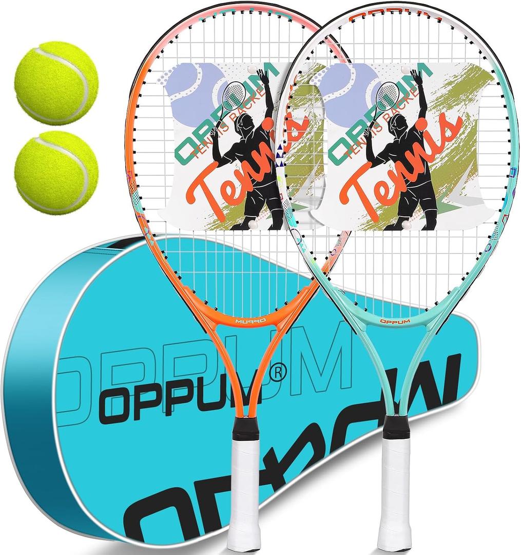 OPPUM 2-Pack 23 Inch Kids Tennis Racket Set with Bag and 2 Balls | Aluminum alloy set with 2 pre-strung racquets, 2 balls and shoulder bag  Orange & Green