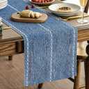 Artoid Mode Blue Rustic Cotton Linen Table Runner, Seasonal Embroidered Hollow Kitchen Dining Table Decoration for Home Party Decor 13x72 Inch