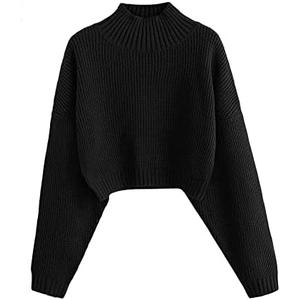 ZAFUL Women's Cropped Turtleneck Sweater Lantern Sleeve Ribbed Knit Pullover Sweater Jumper, Black, Size M