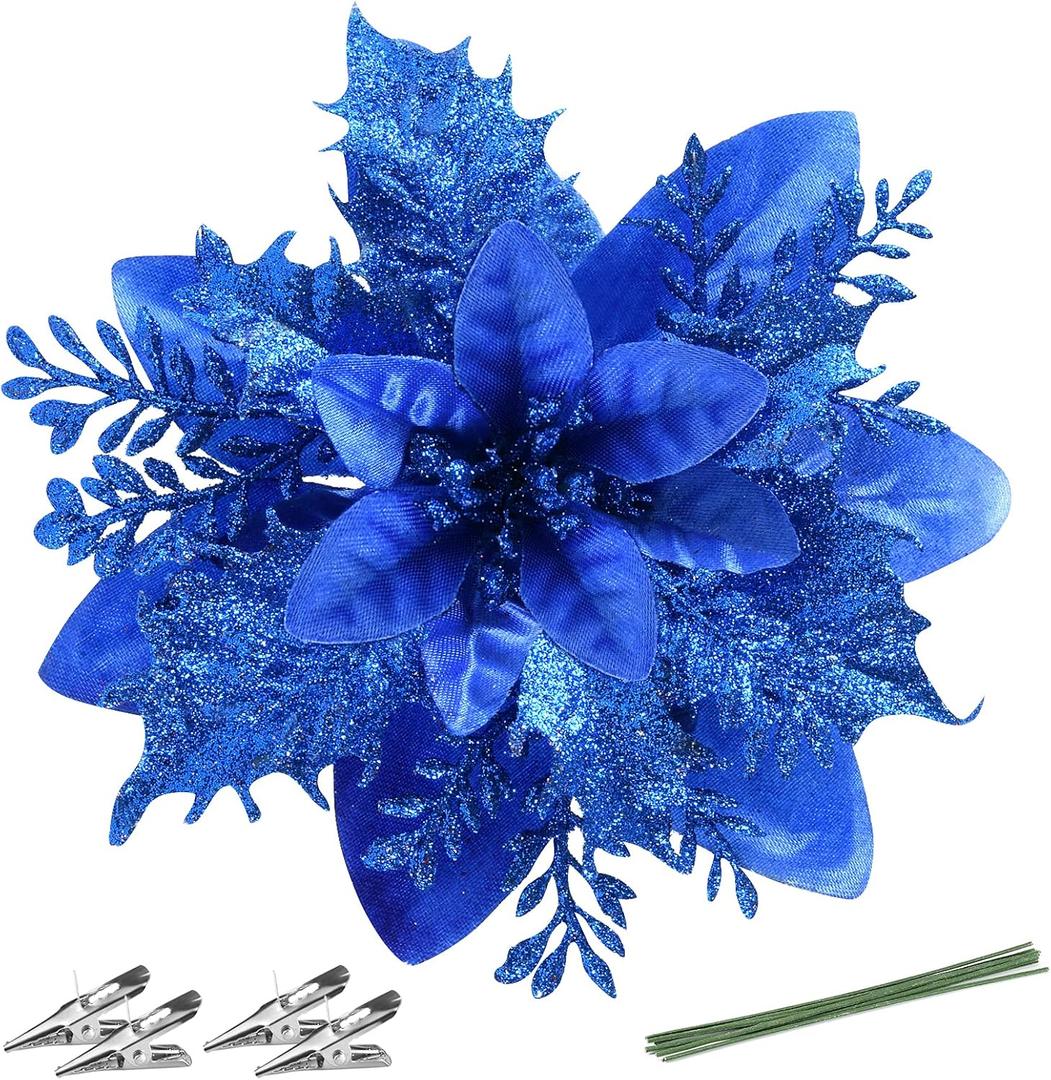 FurRain Christmas Poinsettia Artificial Flowers Decorations 5.5" Christmas Tree Wreaths Garland Decoration 12 Pcs Glitter Flowers Picks Decor for Xmas Wedding Party Ornaments (Royal Blue)