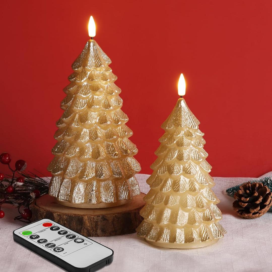 Eywamage Gold Christmas Tree Flameless Candles with Remote, Flickering Real Wax Battery LED Pillar Candles Set of 2