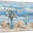 Beach Canvas Wall Art for Living Room Ocean Theme Seaside Print Blue Coastal Picture Abstract Seascape Landscape Pink Teal Painting Daisy Flower in Indian Vase Framed Artwork for Home Decor 30x60inch