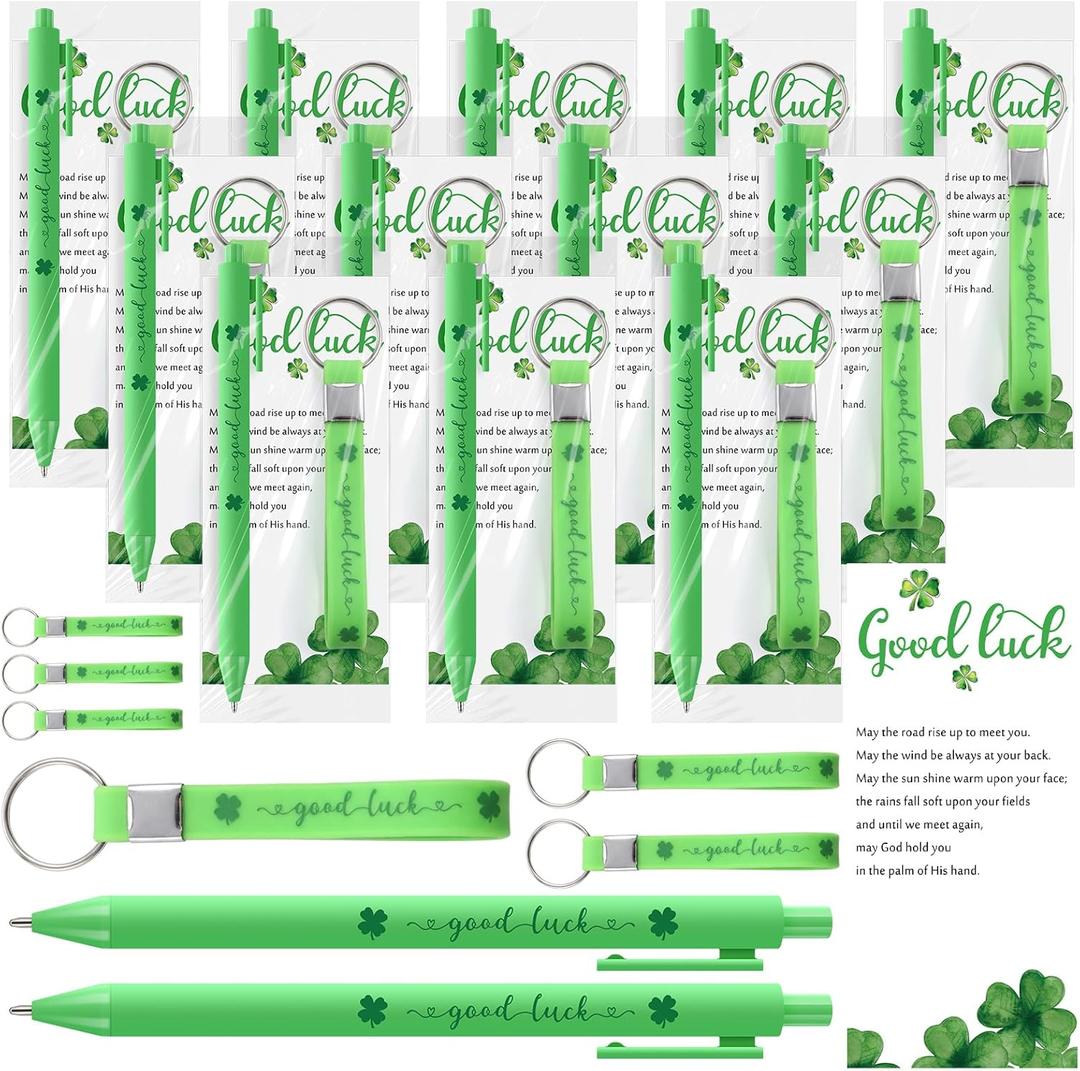 Chiisong 50 Sets St. Patrick's Day Gifts Irish Keychains Good Luck Ballpoint Pens Four-leaf Clover Keychains with Blessing Cards Suitable for Family Gatherings and St. Patrick's Day Party Gifts