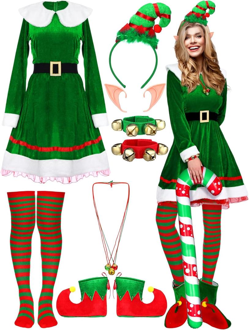 Nuanchu 14 Pcs Christmas Elf Costume Set Women Velvet Dress Belt Striped over Knee High Socks Elf Hat Shoes for Xmas Cosplay Large 