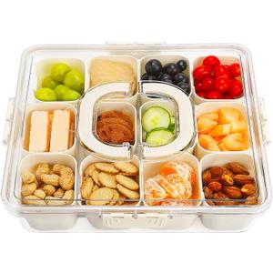 Divided Serving Tray with Lid and Handle,Snack tray Storage Organizer with lid,Portable Snackle Box Charcuterie Container,Snack Platters for Fruit, Nuts, Candy, (1 Pack-12Compartments)