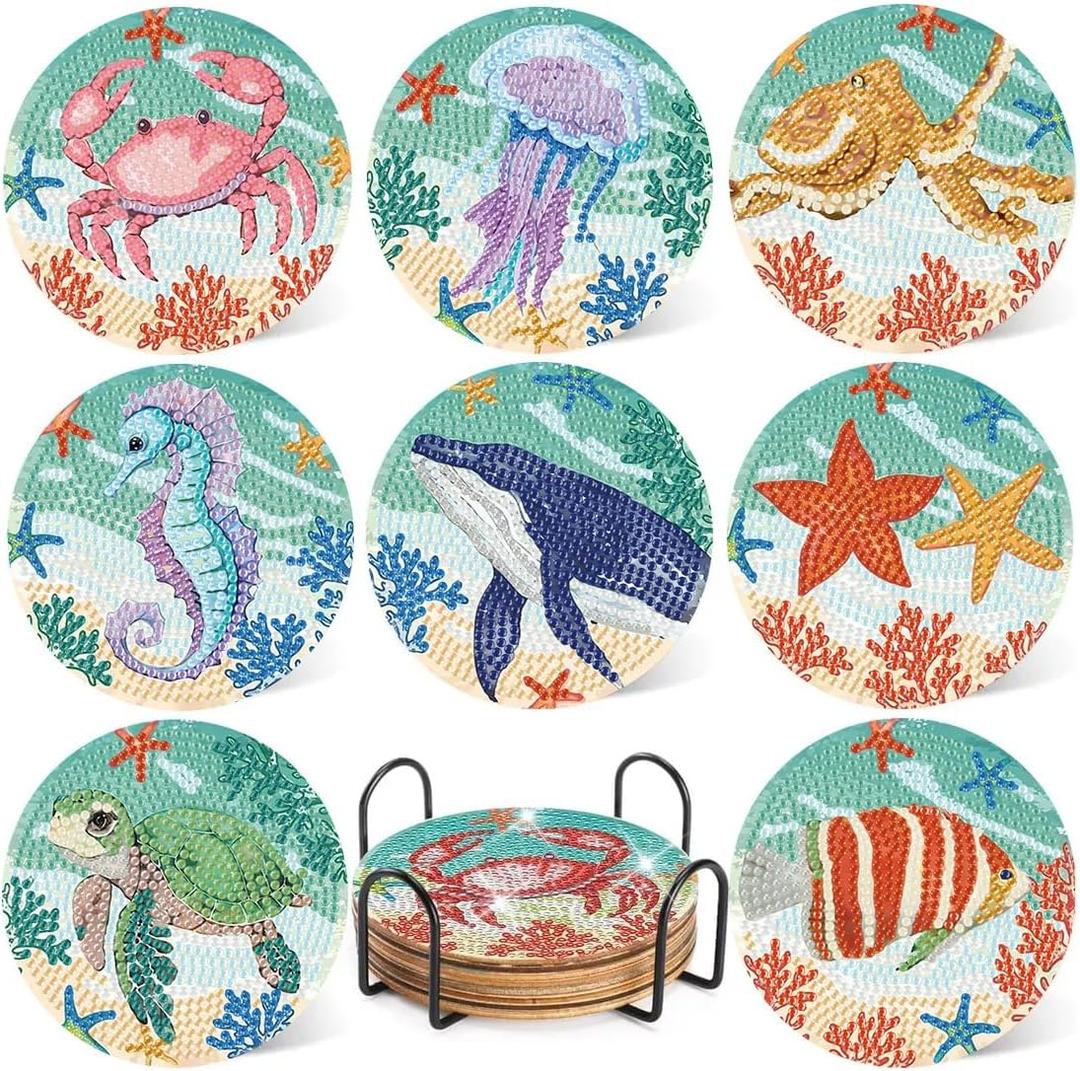 mrpwnle 8 Pack Diamond Art Coasters Kits - Ocean Diamond Painting Coasters Kit Set with Holder Cork Pads, DIY Non Slip Coaster Craft Kits for Adults Beginners Ideal Gifts