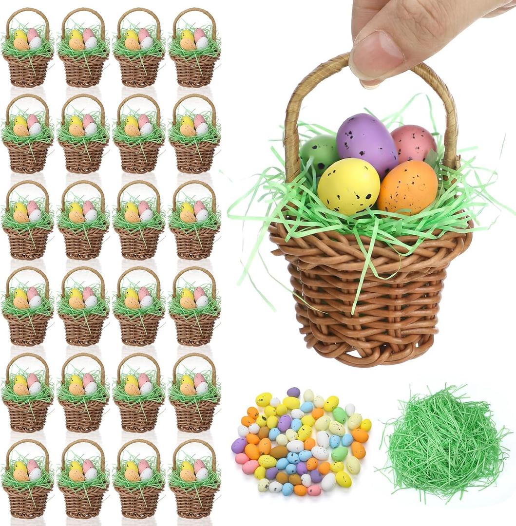 Seenelling 24 Pcs Mini Easter Eggs Basket Set Small Woven Wicker Baskets with Pastel Easter Eggs Green Raffia Grass Foam Speckled Egg Spring Decorations Party Favors