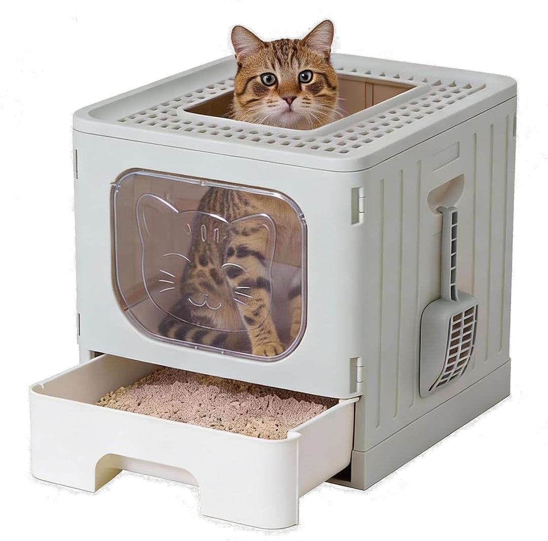 OLIXIS Cat Litter Box with Lid, Large Foldable Cat Box with Litter Scoop, Front Entry Top Exit Kitty Litter Box with Door, Easy Cleaning Drawer Design Odor Control, Grey