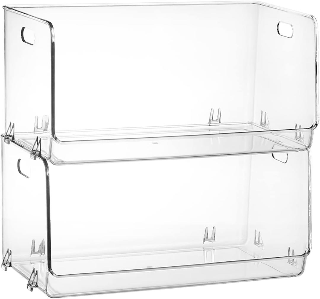 Nicunom 2 Pack Stackable Plastic Storage Bins Open Front, Clear Pantry Organizer Bin Household Food Storage Bin for Kitchen Countertops Cabinet Shelf Fridge