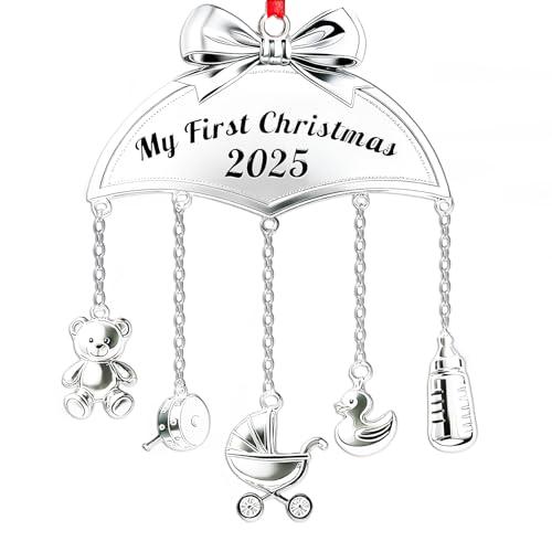 Baby's First Christmas Ornament 2025 My 1st Christmas Mobile Ornament for Girls Boys Newborn Gifts Decor New Baby Keepsake with Hanging Bear Duck Carriage Rattle Pacifier Bottle