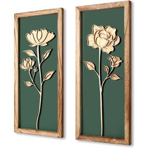 3D Floral Green Wall Art, Wood Boho Framed Wall Arts for Bathroom, Bedroom, Living Room, Dining Room or Office, Lightweight Green Farmhouse Decor Gift - Set of 2 (6.89“ x 16”)