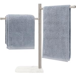 Standing Hand Towel Holder, Hand Towel Stand with Marble Base, 304 Stainless Steel Towel Rack with 2 Swivel Arm, Countertop Stand Towel Ring Towel Bar for Bathroom (Brushed Nickel, Square)