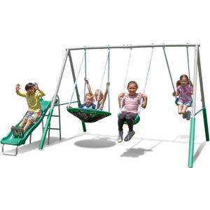 Sportspower Northridge Metal Swing Set, 500 lb Capacity, 32" Saucer, 2 Blow-Molded Swings & 5ft Slide, Durable 6ft Frame, Outdoor Backyard Playset for Kids Aged 38