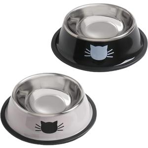 Cat Bowls for Food and Water,2PCS Rapsrk Non-Slip Stainless Steel Small Food Bowls 8 Oz Pet Bowl with Removable Rubber Base Dog Bowl,Stackable Cat Puppy Dishes Bowls with Cute Cats Painted (Black+Grey)