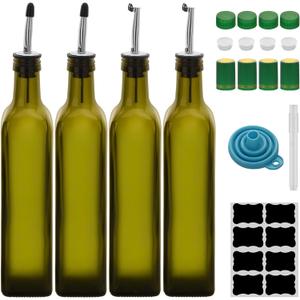 17oz 4 Pcs Olive Oil Dispenser Bottle,500ml Glass Oil and Vinegar Dispenser Set with 4 Stainless Steel Pourers, 8 Labels,Funnel Oil Bottles for Kitchen (Green)