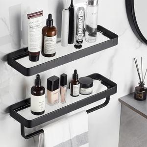 VOLPONE Bathroom Shelves Wall Mounted Glass Shelf for Floating Shelf Tempered Glass Shelves 2 Tier Bathroom Wall Organizer(Black)