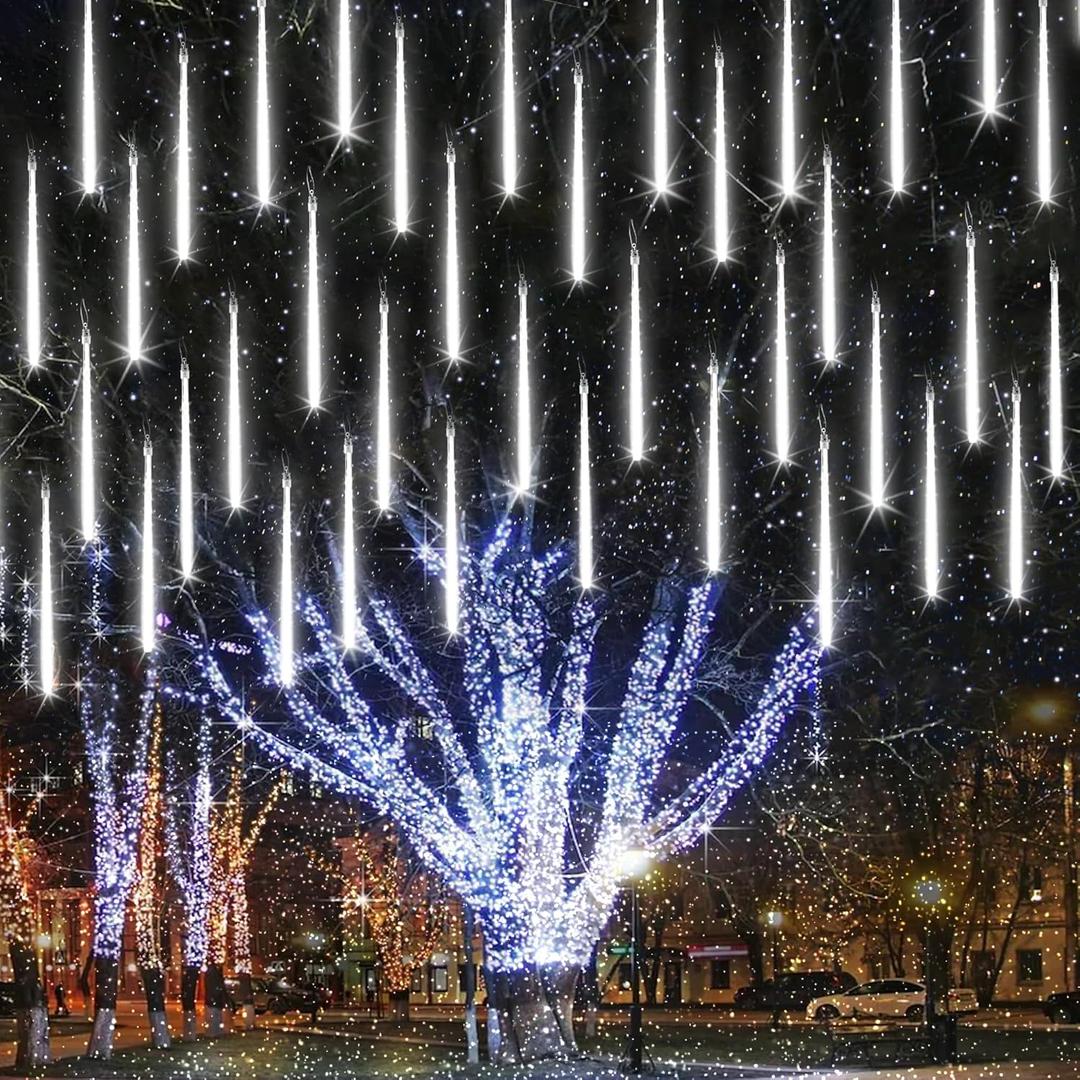 Joomer 2Pack Christmas Lights Outdoor, 11.8 inch 10 Tubes 240 LED Meteor Shower Lights, LED Falling Icicle Cascading Light with Timer Waterproof and Connectable for Christmas Decoration (White)
