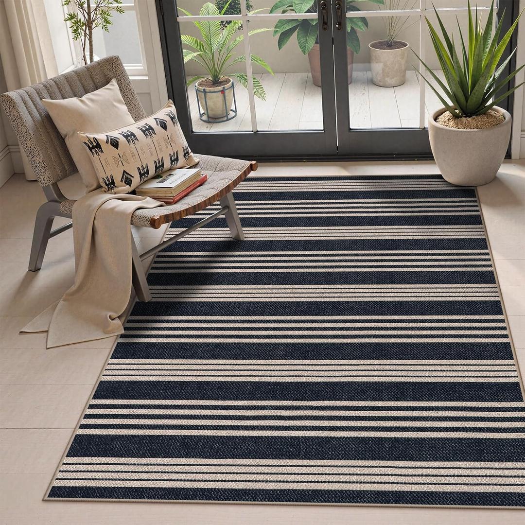 Lahome Striped Easy Jute Washable Rug, 3x5 Outdoor Patio Entryway Rug Indoor Outdoor Carpet for Living Room, Farmhouse Neutral Non Slip Black Carpet for Backyard Bedroom Kitchen