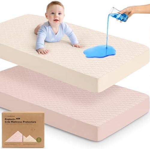 Waterproof Crib Mattress Protector Cover Fitted - 2-Pack Quiet Baby Mattress Topper Crib Sheets, 52" x 28" Soft Quilted Cotton Baby Sheet, Easy Fit, Durable Toddler Liner (Cameo)