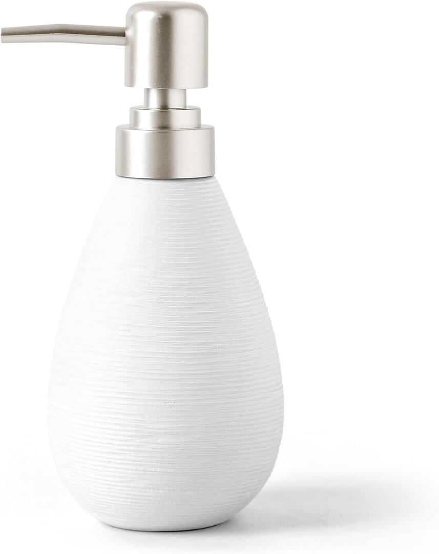 Durable Ceramic Soap Dispenser with Stainless Steel Pump Non-Slip Matte Finish, 350ml Refillable Bottle with Funnel for Bathroom, Kitchen, Shower, or Sink (White-Short)