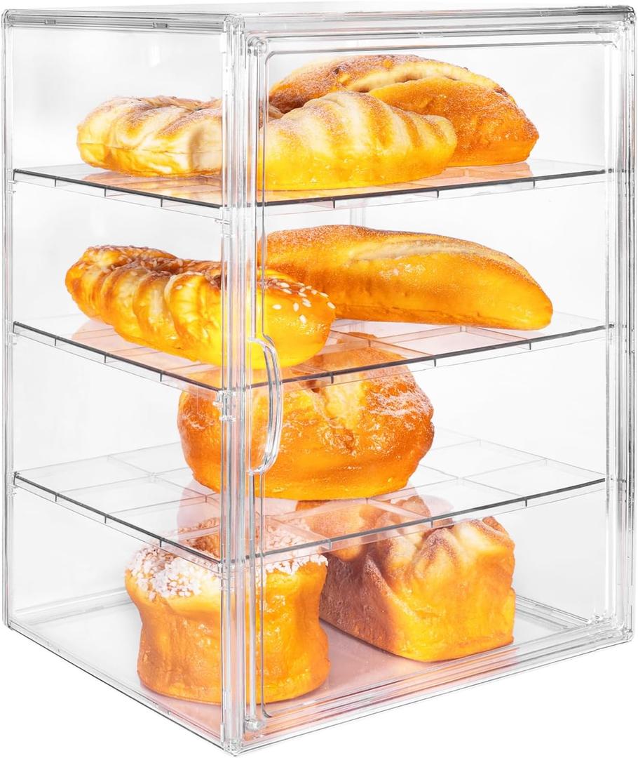 Fantasyon Pastry Display Case Large Clear Bread Box for Kitchen Countertop 4 Layers Adjustable Bread Storage with Magnetic Door Food Safe Bread Container 15.5x11.4x9.8inch