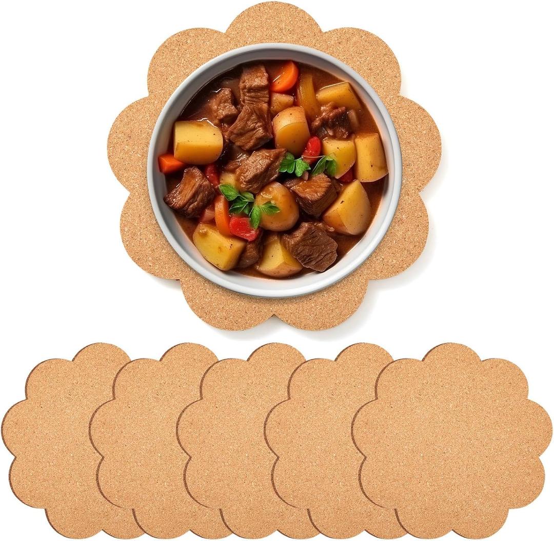 Mimorou 6 Set 8 Inch Round Woven Thick Cork Trivets, Scalloped Placemats Round for Hot Dishes and Hot Pot, Scalloped Cork Trivets, Plant Coasters Mats for Dining Table, Countertop, Garden Pots